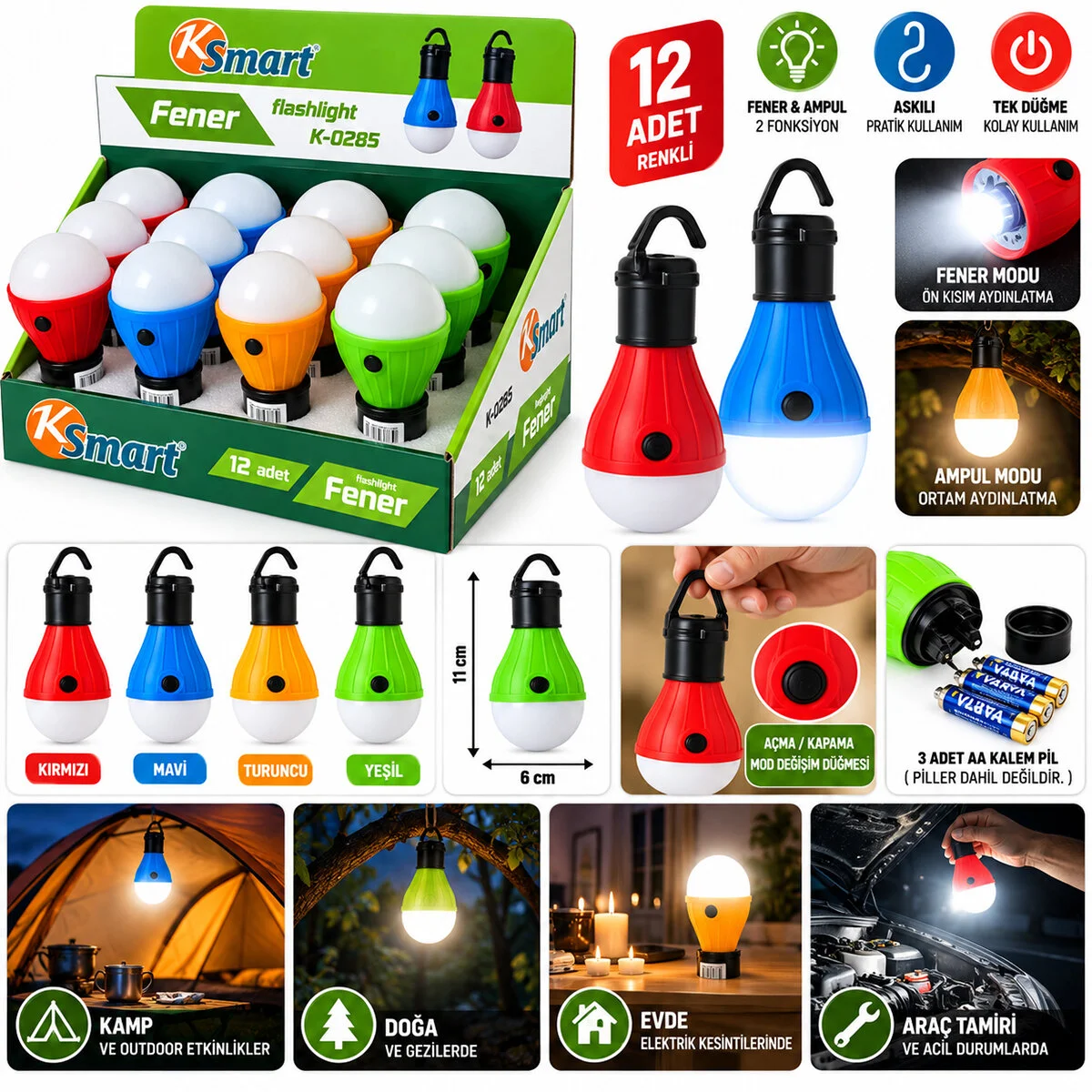 12 Adet Pilli Fener - Ampul Renkli Askılı K-0285 görsel 2