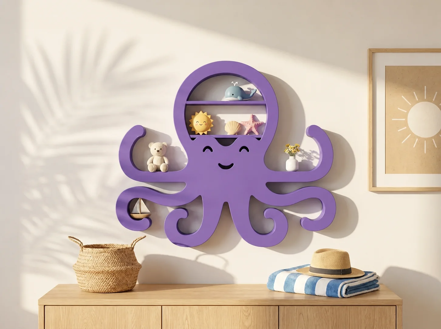 3D Baskı Ahtapot Duvar Rafı - Dekoratif Mini Raf-Mor