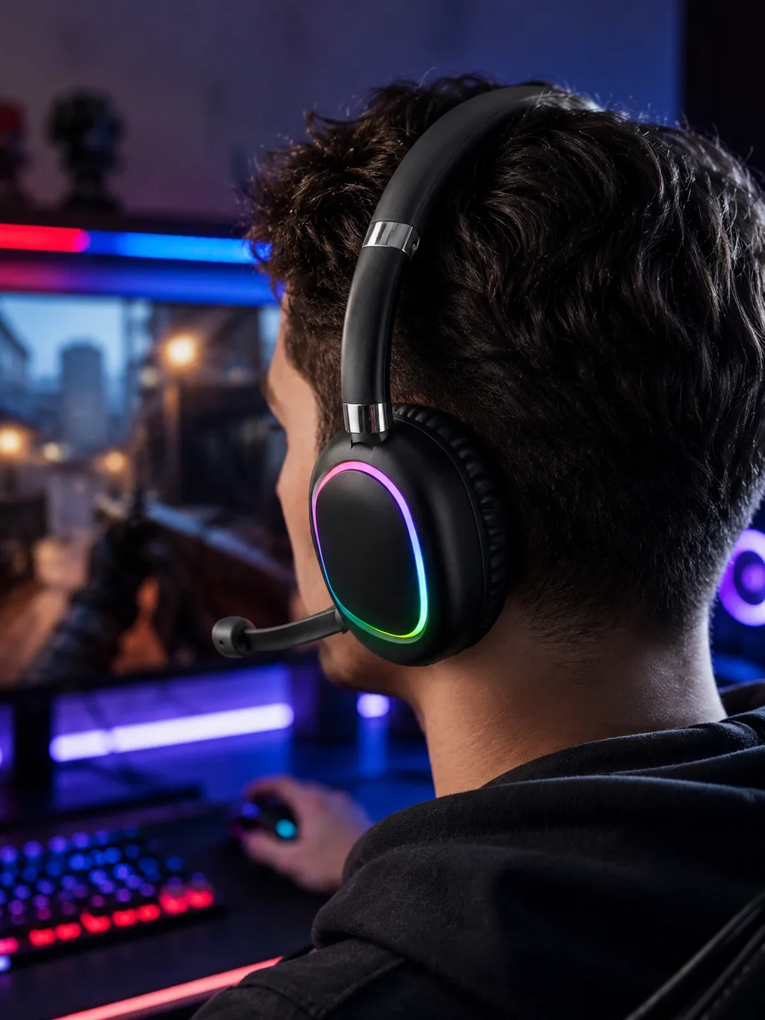 Bluetooth 5.0 RGB Işıklı Mikrofonlu Kablosuz Kulak Üstü Kulaklık görsel 3