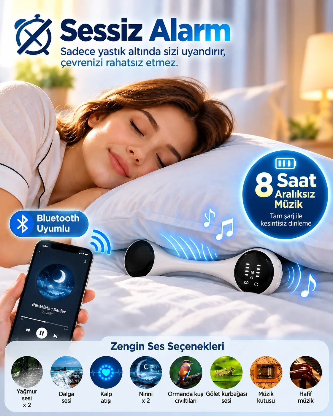 Yastık Altında Kullanılan Bluetooth Uyku Hoparlörü Sessiz Alarm Rahatlatıcı Sesler ve 8 Saat Kesintisiz Müzik