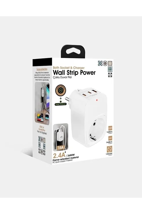 Tekli Yüksek Voltaj Korumalı Duvar Prizi 2X Type-C 1X USB Çıkışlı Priz Grup Priz Çoğaltıcı siyah görsel 4