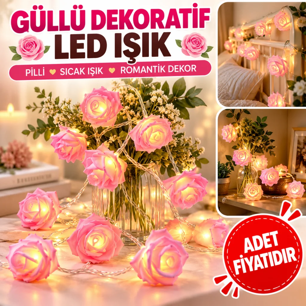 Yapay Gül Tasarımlı Dekoratif Led Işık Gül Detaylı Led Işık Pilli (20 Gül)