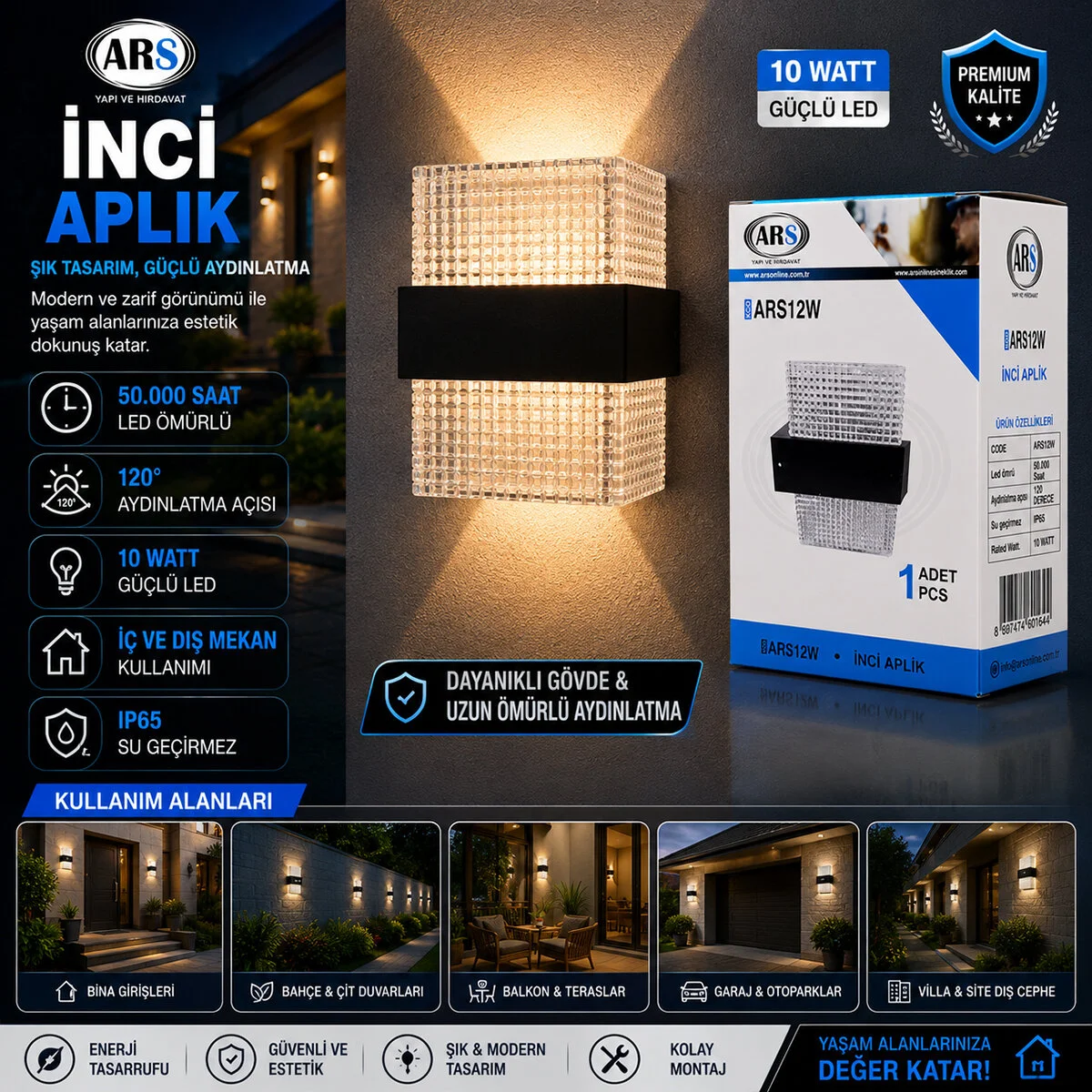IP66 50.000 Saat Led Ömrü 10W İnci Led Aplik Duvar Lambası ARS-348956 görsel 2