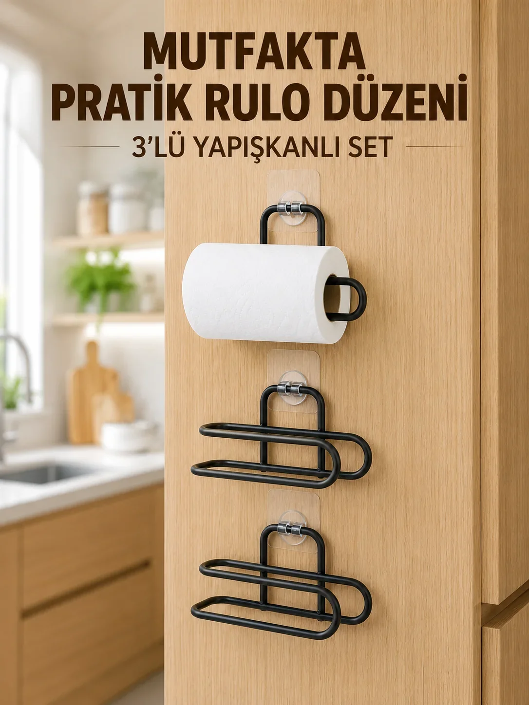 3’lü Yapışkanlı WC Kağıtlığı Siyah Rulo Tutucu Banyo ve Mutfak Kullanımı