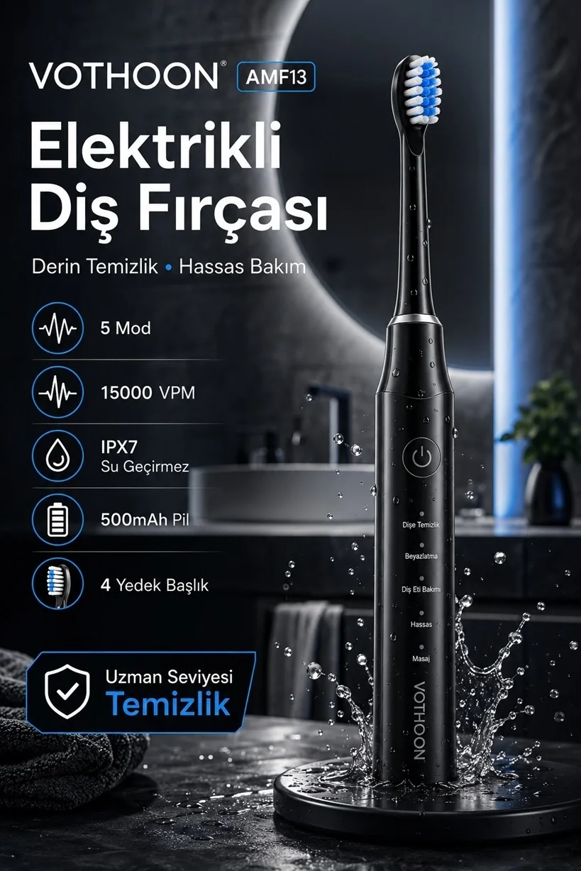 Şarjlı Diş Fırçası 15000 Vpm Titreşim Gücü, 500mah Batarya, 5 Tezlik Modu Siyah görsel 3