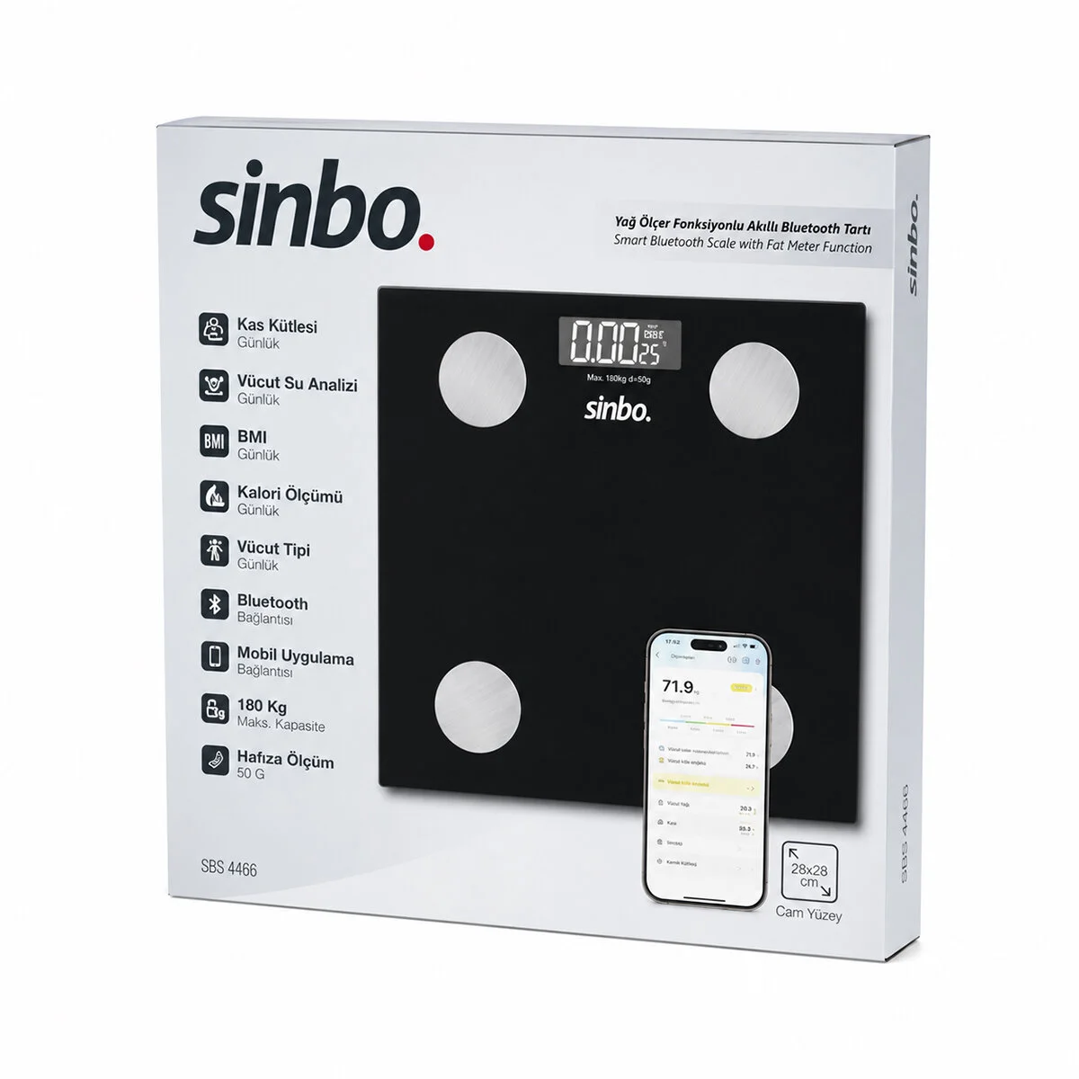 Dijital - Pilli Cam Banyo Baskülü Lcd Ekran - Sıcaklık Göstergeli 180KG/50GR 28X28CM SBS-4466 görsel 3