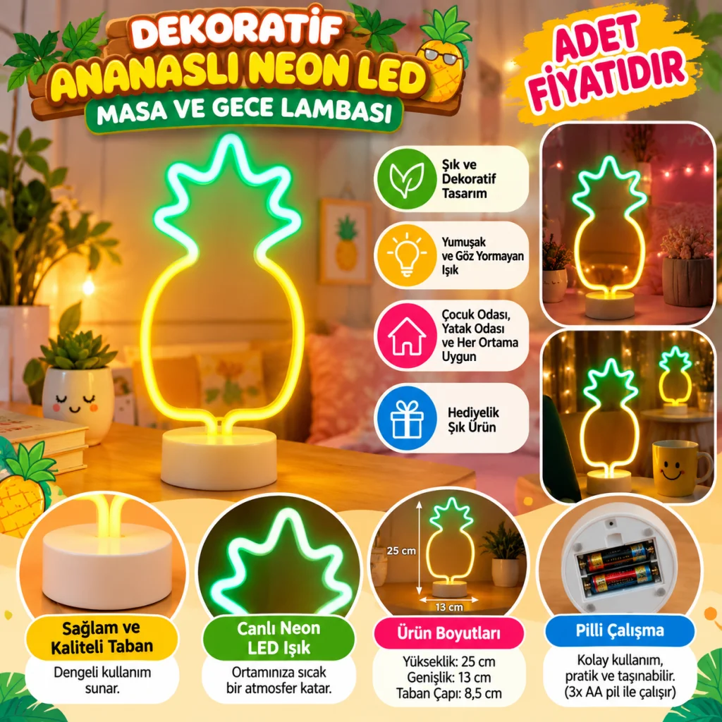 Dekoratif Ananaslı Neon Led Masa Ve Gece Lambası Hediyelik Lamba