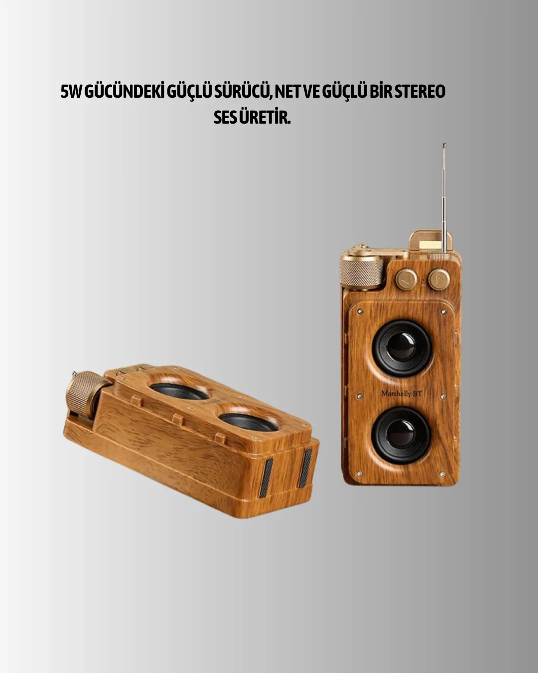 Retro Bluetooth Hoparlör Ahşap Görünümlü 5W Çift Stereo Ses görsel 3