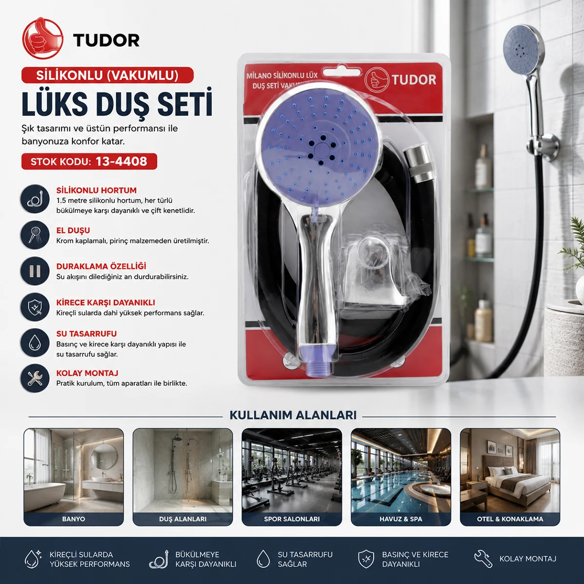 Vakumlu Silikon Lüks Duş Seti 1.5m - Çok Fonksiyonlu Duş Başlığı, 3 Kademe Mafsal görsel 2
