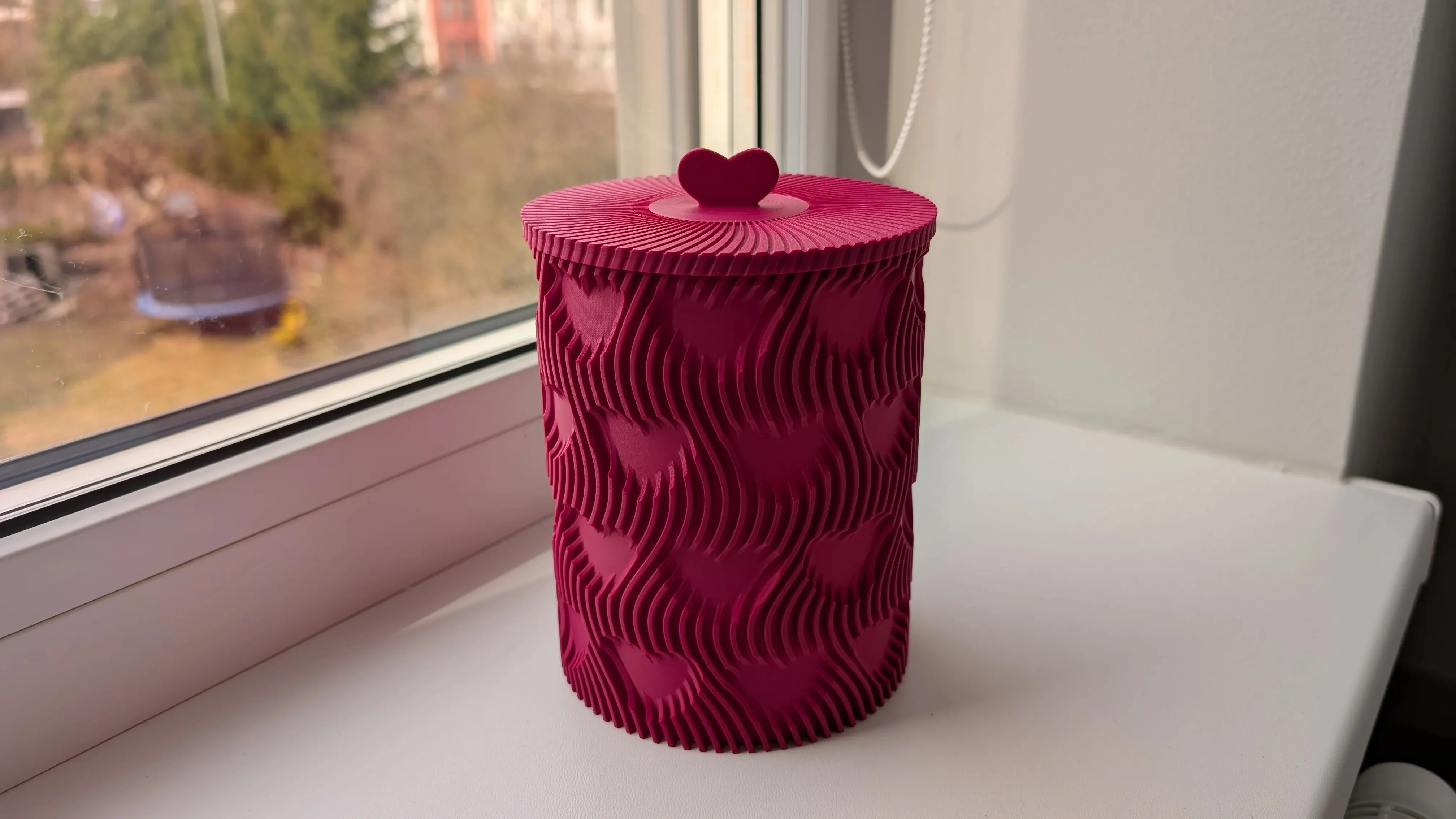 3D Baskı Kalp Kapaklı Dekoratif Saklama Kutusu Takı Aksesuar Organizer Kavanoz Dalgalı Desen Fuşya görsel 2