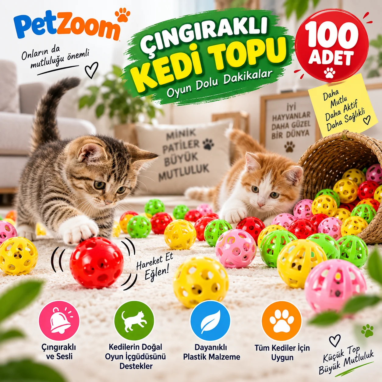 PetZoom 100'lü Çıngıraklı Kedi Topu Kedi Oyuncağı Renkli Sesli Oyun Topu Seti