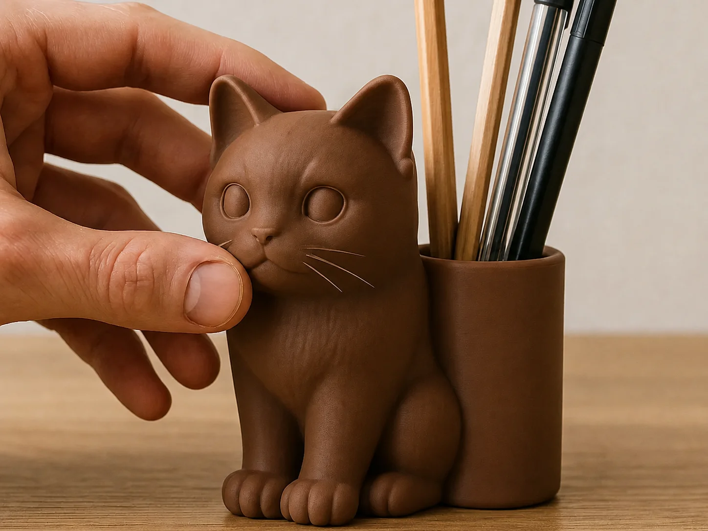 3D Baskı Kedi Figürlü Kalemlik - Masaüstü Organizer - Kahverengi