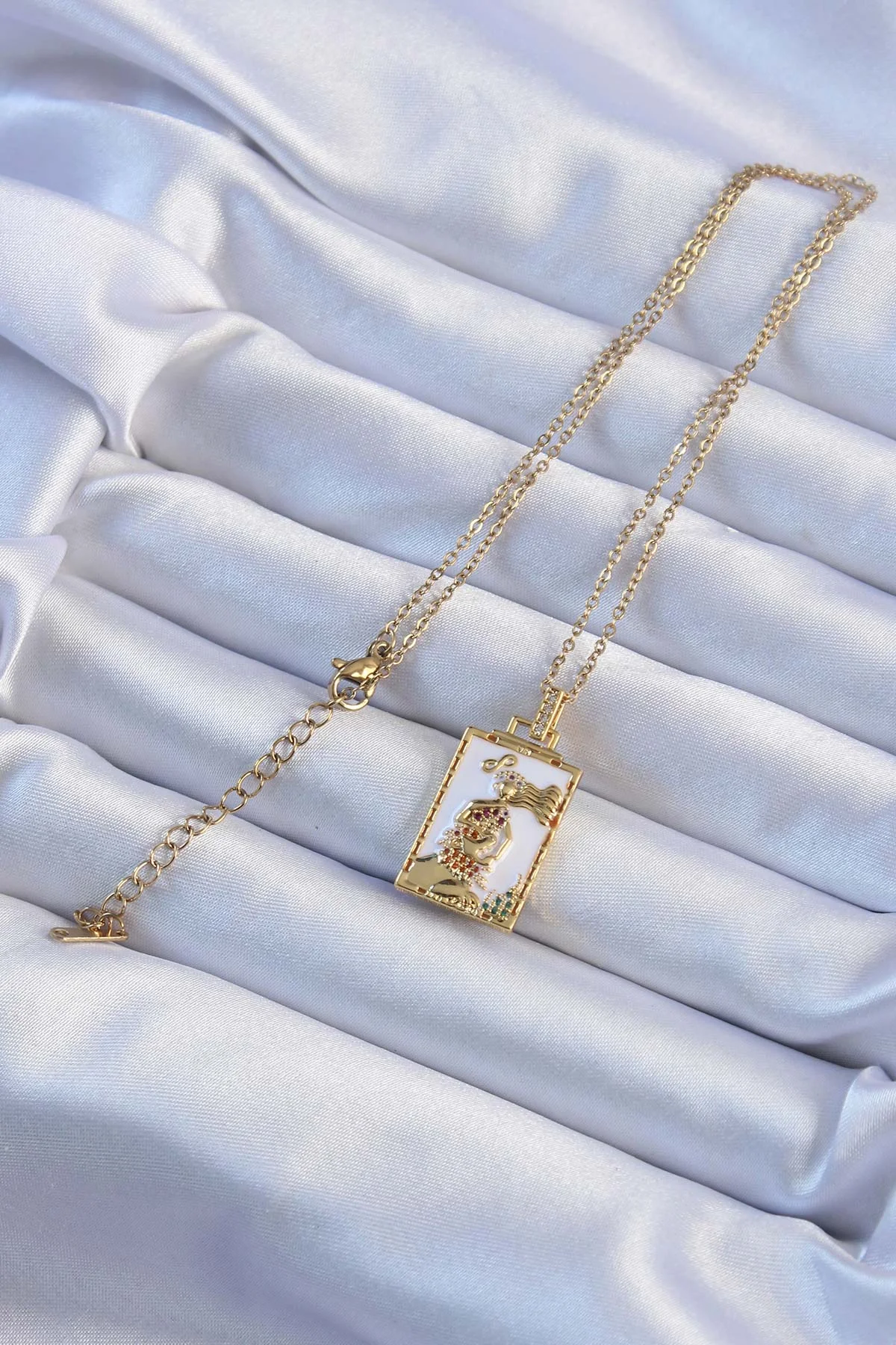 316L Çelik Zincir Gold Renk Beyaz neli Tarot Kolye görsel 2