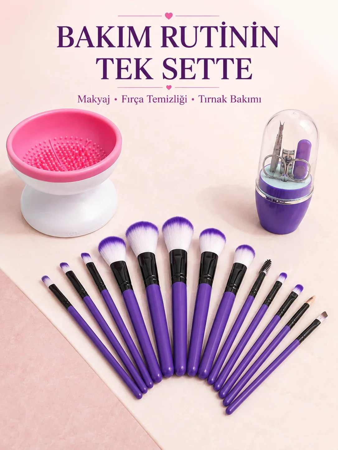 12’li Makyaj Fırça Seti Fırça Tezleme Cihazı ve Manikür Pedikür Seti 3’lü Kadın Güzellik Bakım Paketi