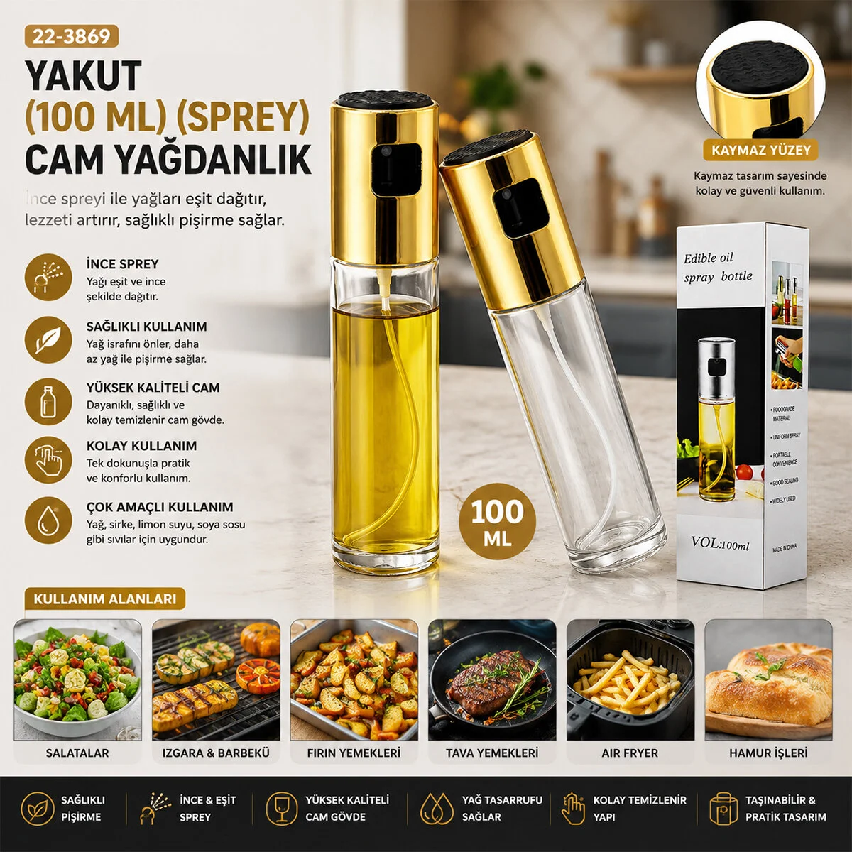 100 Ml Sprey Cam Yağdanlık Krom - Renkli Sprey Kafa - İnce Uzun Şişe görsel 2