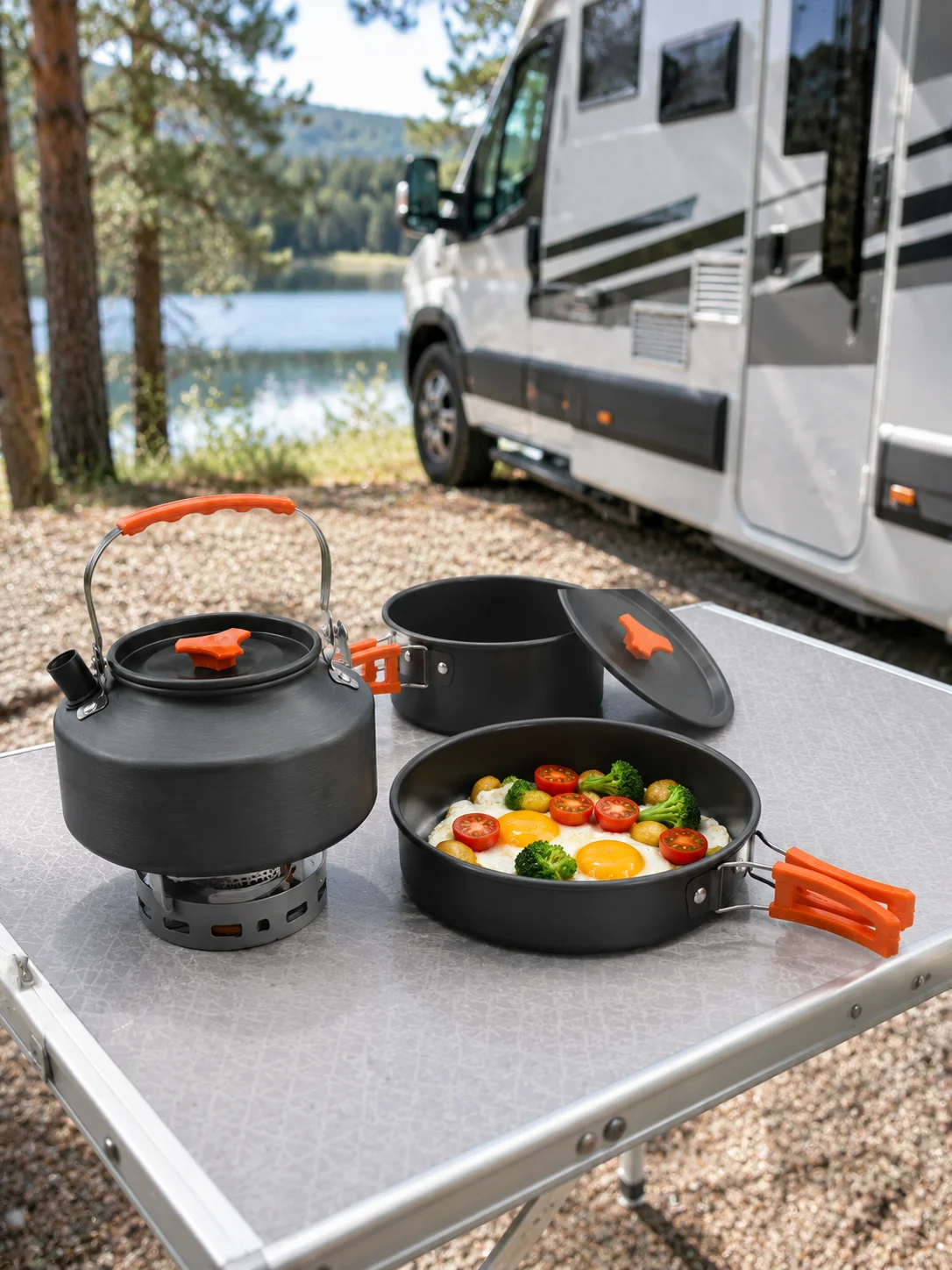 Kompakt Kamp Yemek Seti Alünyum Tencere Tava Çaydanlık Taşıma Fileli Outdoor Set görsel 2