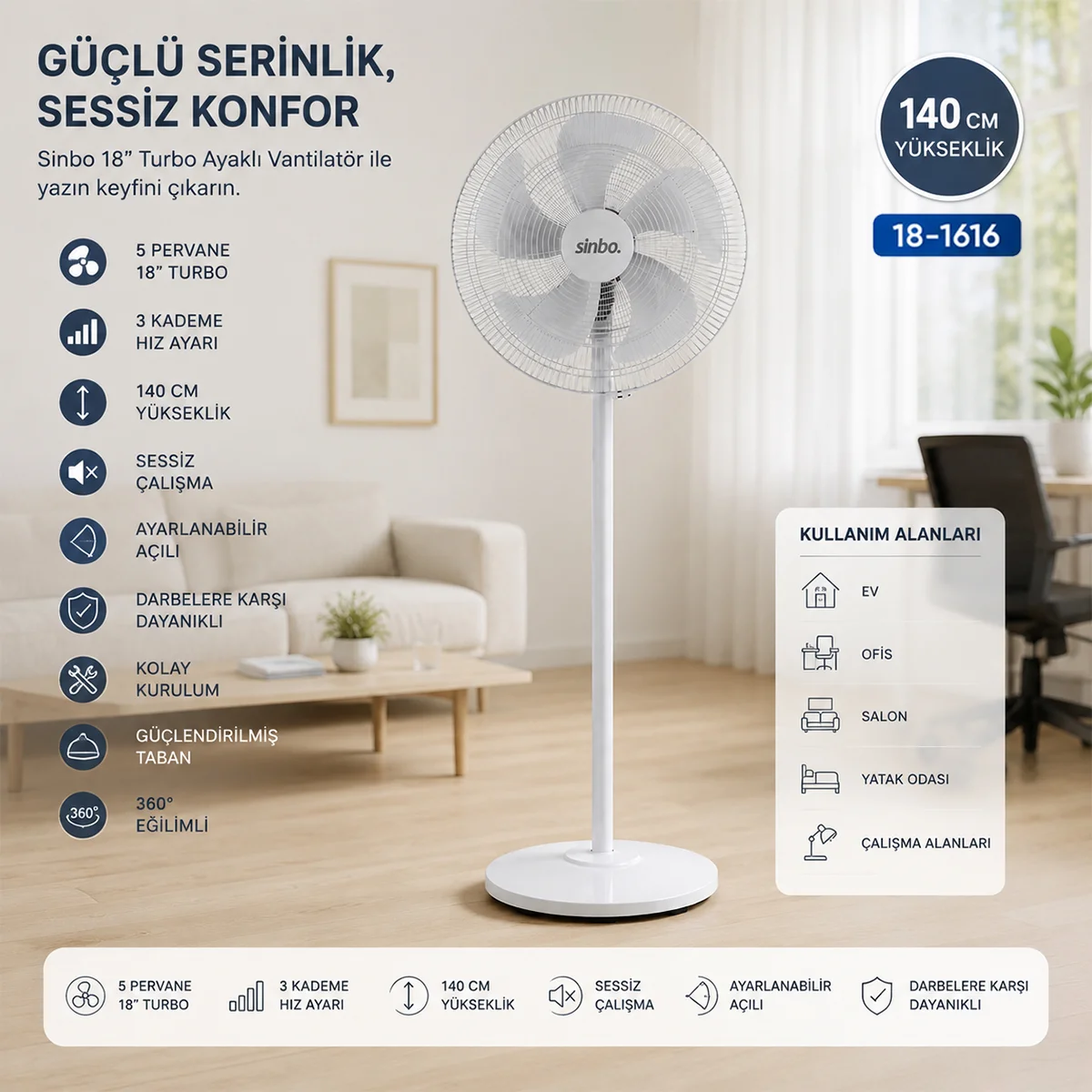 Ayaklı vantilatör 5 kanat 18'' (yaklaşık 45 cm) Sessiz 3 Kademe 140 cm görsel 3