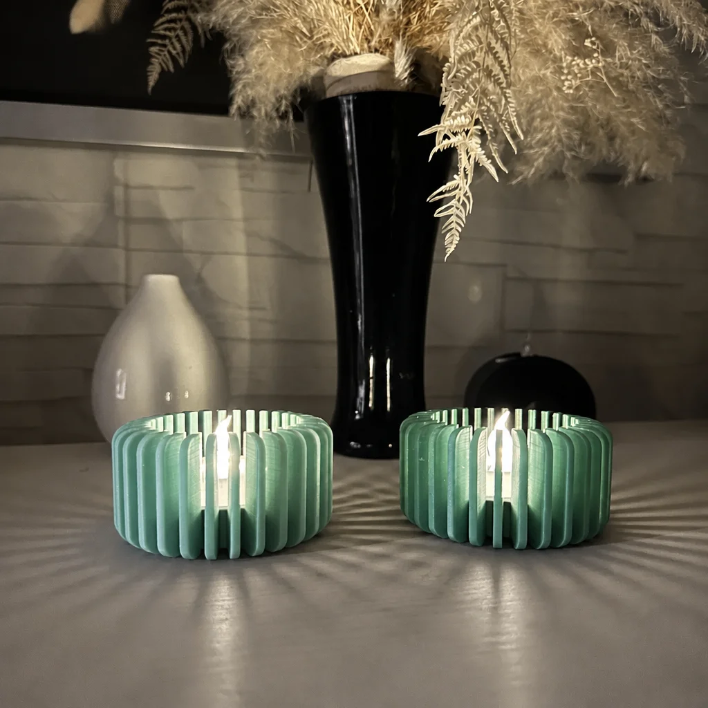 3D Baskı Modern Çizgili Mumluk - Tealight Mumluk (1 Adet)-Mint görsel 2