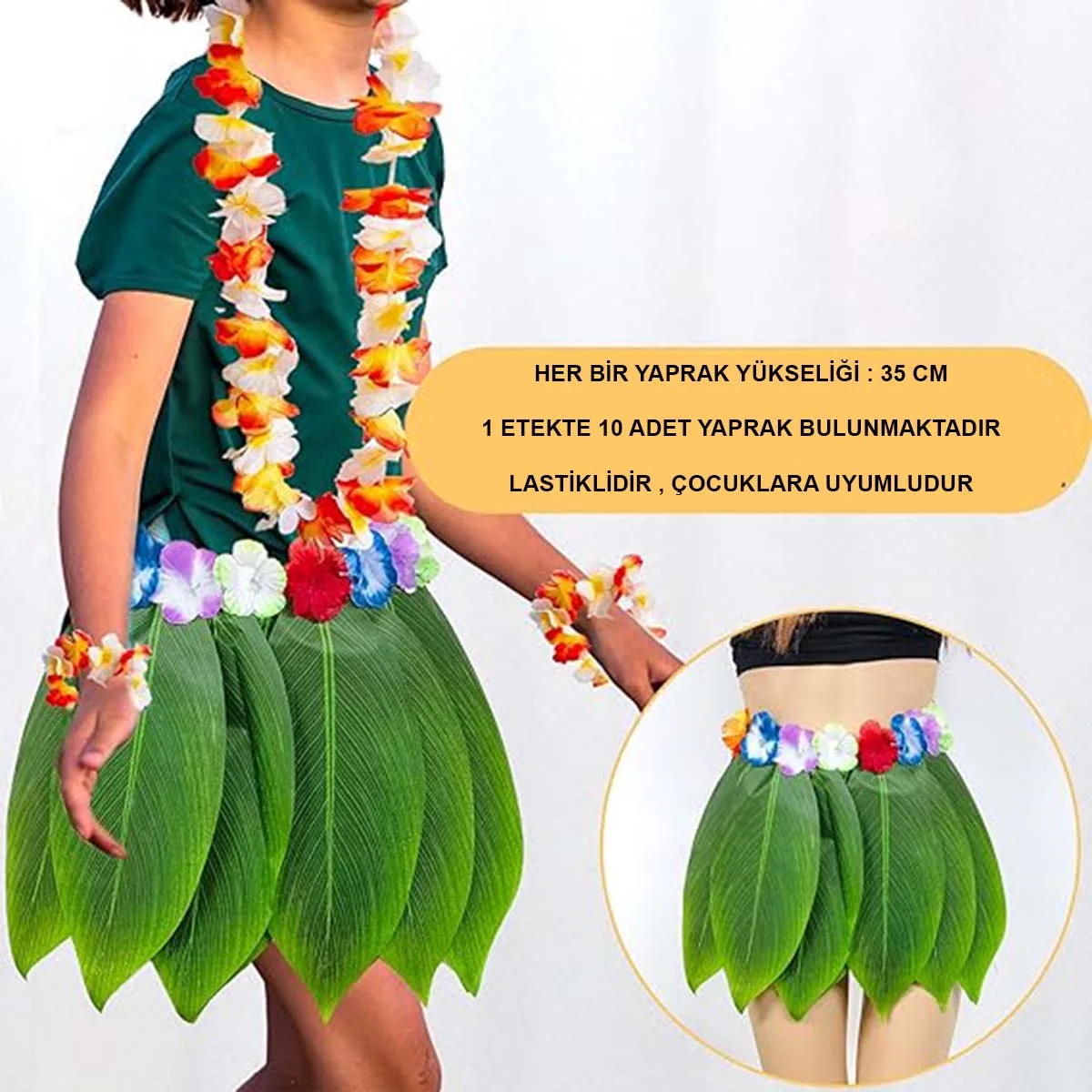 Tropikal Esintili Hawaii Yapraklı Parti Eteği Çocuk Boy görsel 4