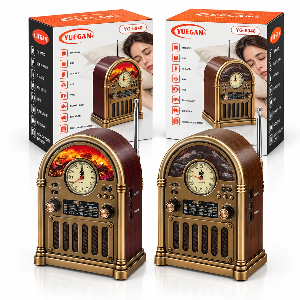 Saatli Retro Şömine Radyo Hoparlör - Bluetooth USB Type-C görsel 2