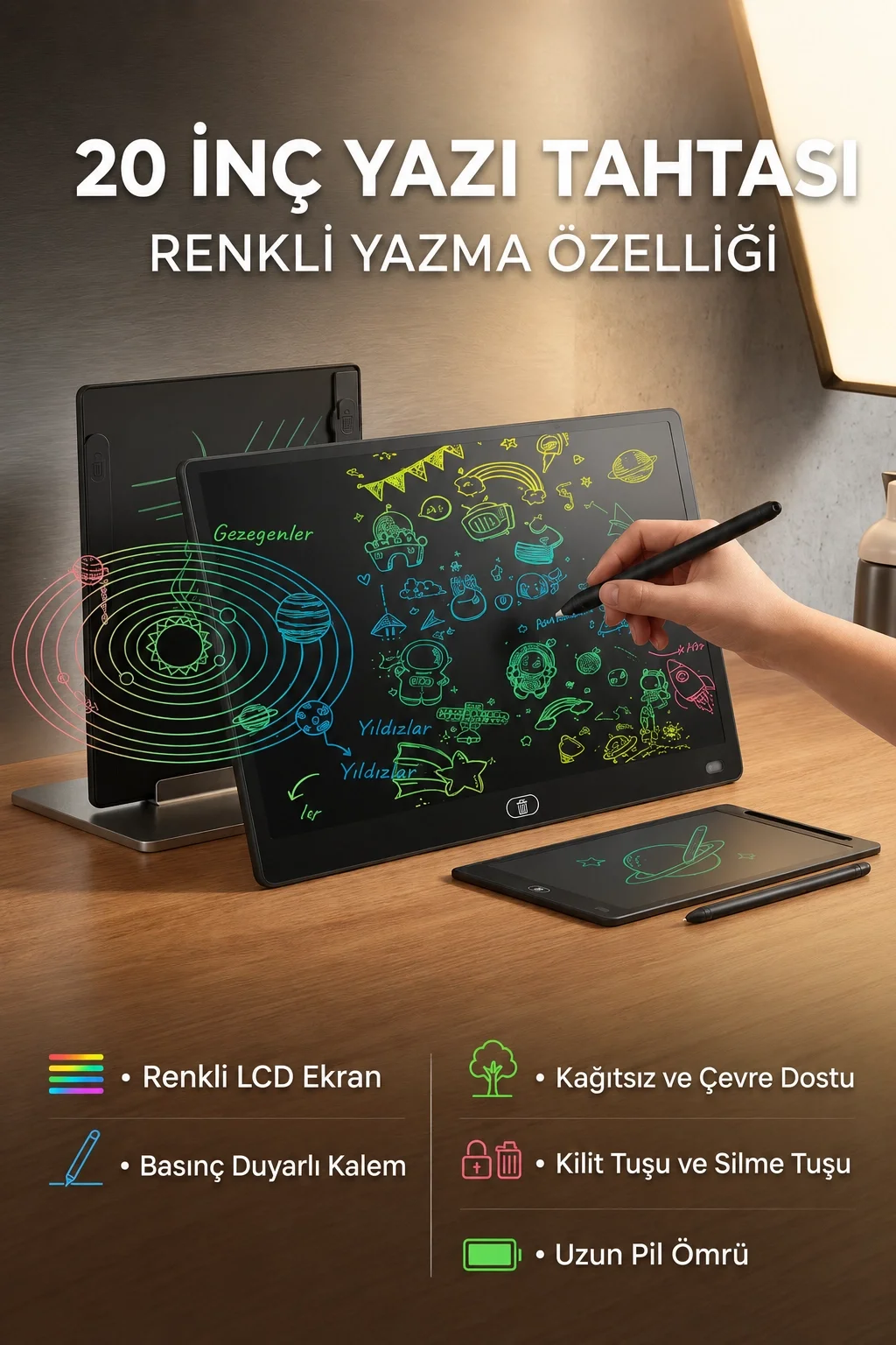 20 Inc Renkli Lcd Grafik Dijital Kalemli Çizim Tableti Yazı Tahta Not Yazma Eğitim Tableti Siyah görsel 4