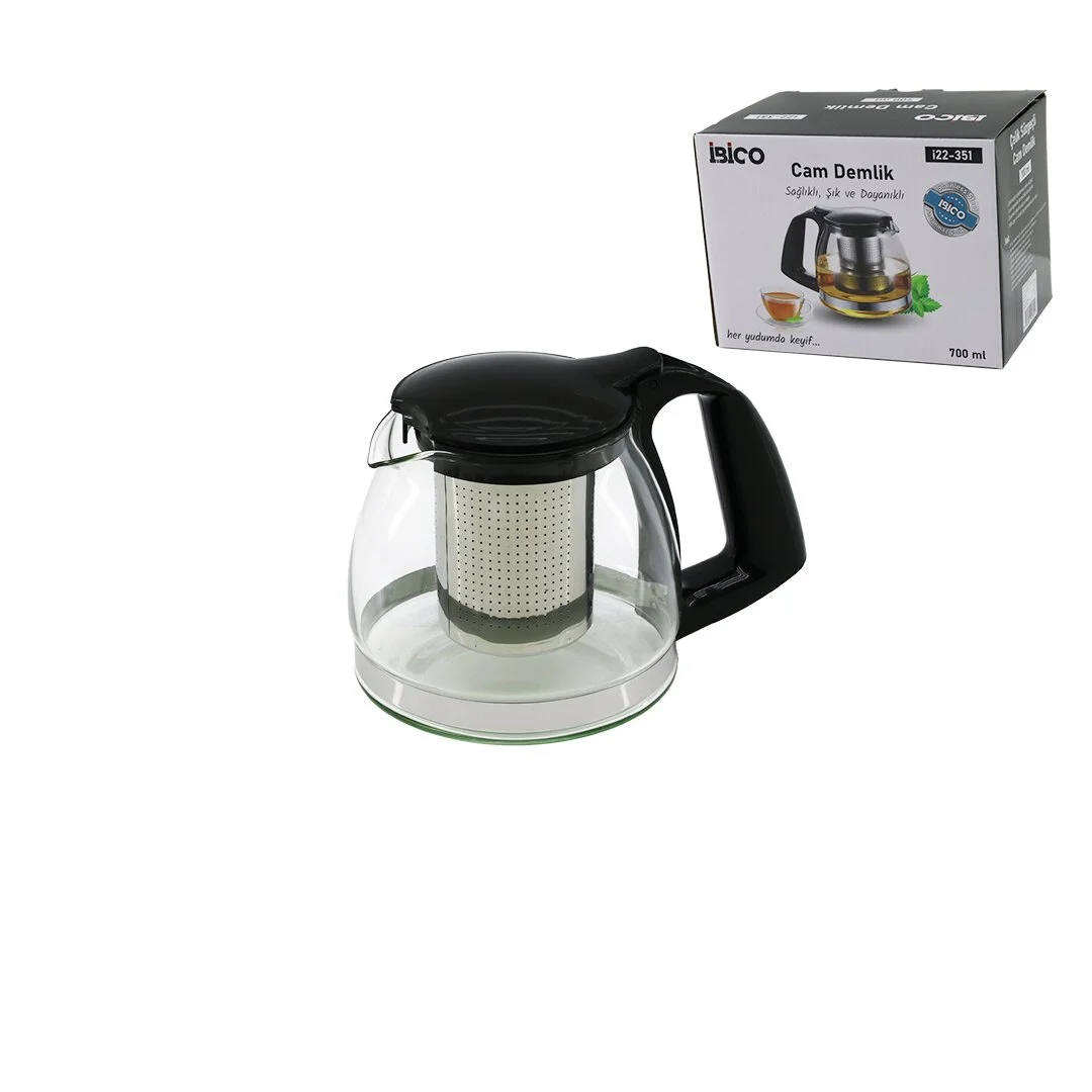 700ML Cam Demlik Çelik Süzgeçli - Plastik Kulp - Kapak - Krom Çerçeve