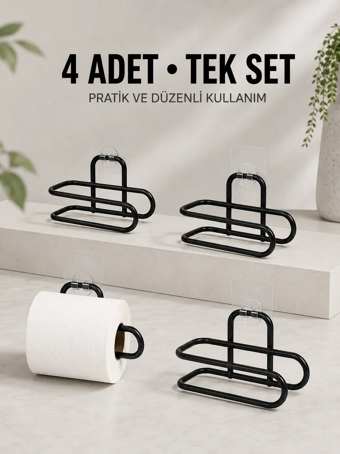 Duvara Yapışkanlı WC Kağıtlık Siyah Metal 4 Adet Tuvalet Kağıdı Rulo Askısı