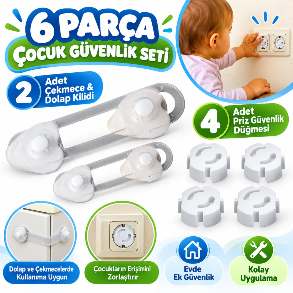 6 Parça Çocuk Güvenlik 3'lü Seti-2 Boy Çekmece,Dolap Kilidi ve 4 Adet Priz İçi Güvenlik Düğmesi