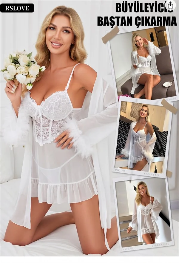 Beyaz Çiçek Dantelli Korse Detaylı Eteği ve Kolları Fırfırlı Tül Sabahlıklı Babydoll Gecelik Takımı – 2'li Çeyiz Seti