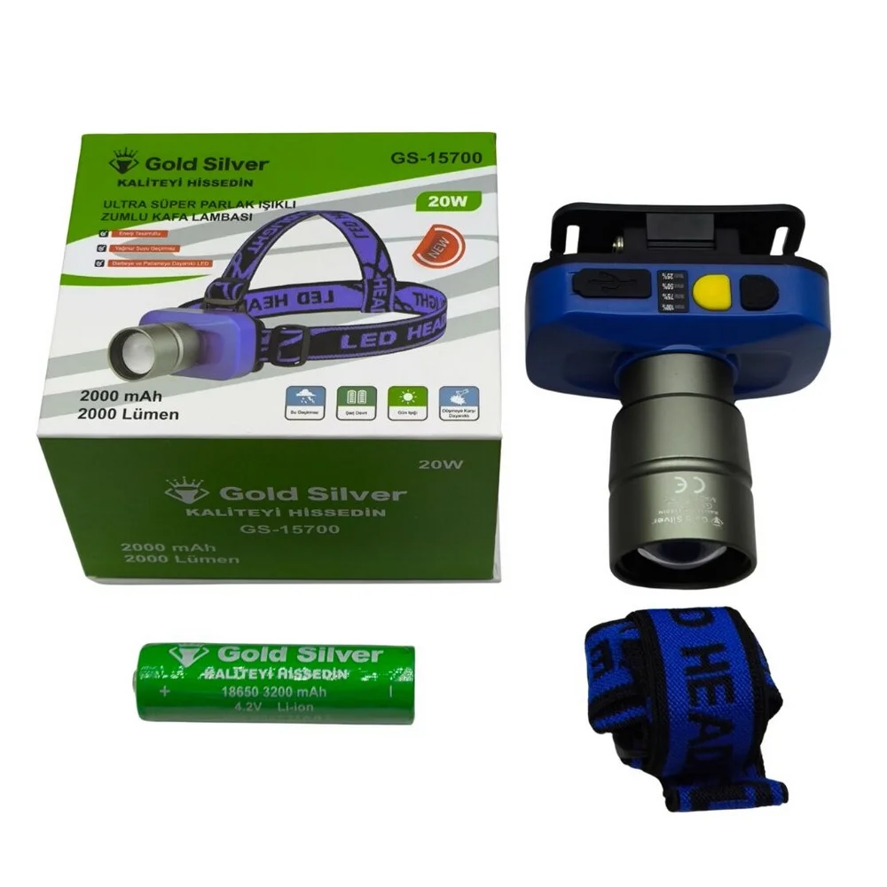 GS-15700 20W 2000 Lümen Sarı Beyaz Işık Zoomlu Şarj Edilebilir Kafa Feneri görsel 5