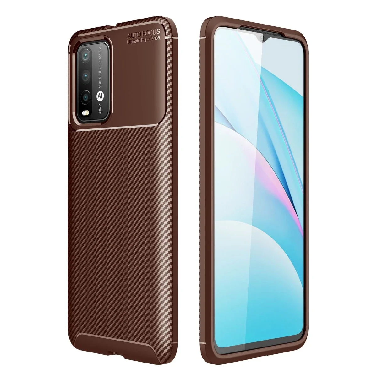 Xiaomi Redmi 9T Kılıf Auto Focus Karbon Kapak - Kahverengi