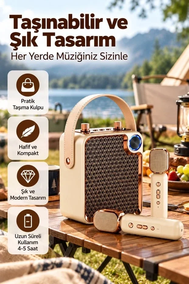 Bluetooth Karaoke Hoparlör 2 Mikrofonlu Taşınabilir Şarjlı Müzik Seti Ses Değiştirme Özl görsel 3