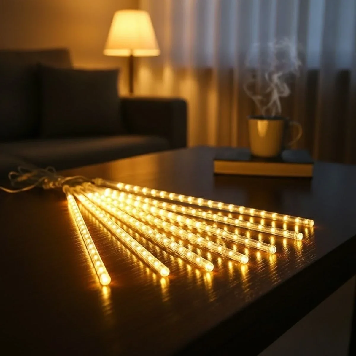 10'lu 45 cm Plastik Meteor LED USB 2M Kablo Sarı Renk Ağaç Işığı – Renk Değiştiren Asmalı Dekoratif Bahçe ve Dış Mekan Aydınlatması görsel 3