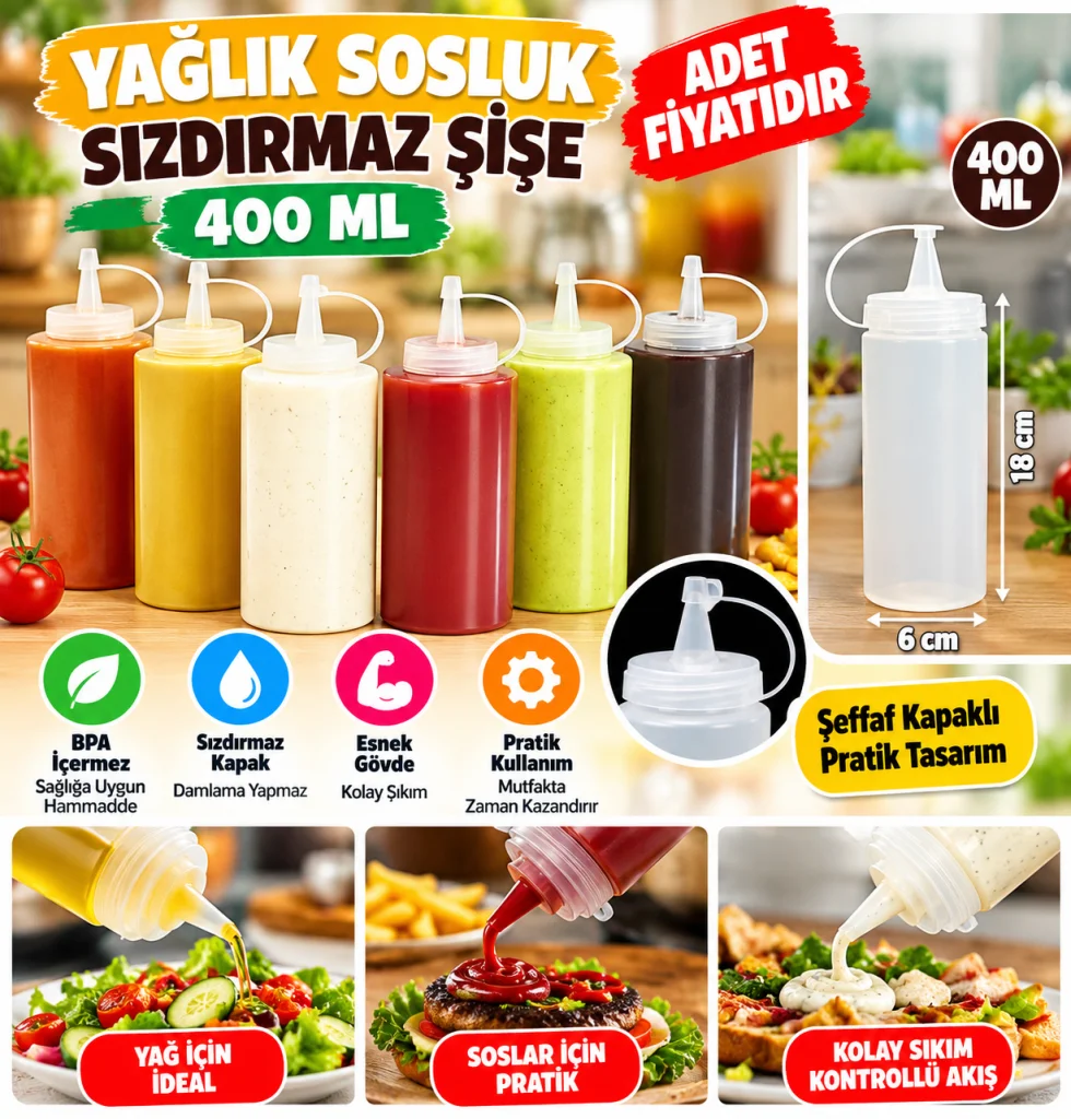 Şeffaf Kapaklı Sızdırmaz Yağlık Sosluk Şişesi Plastik Yağdanlık 400 ml AP-9028 (adet fiyatıdır)