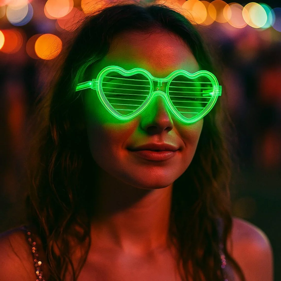 Yeşil LED Işıklı Kalp Gözlük – 3 Modlu Parti - Glow Gözlüğü görsel 2