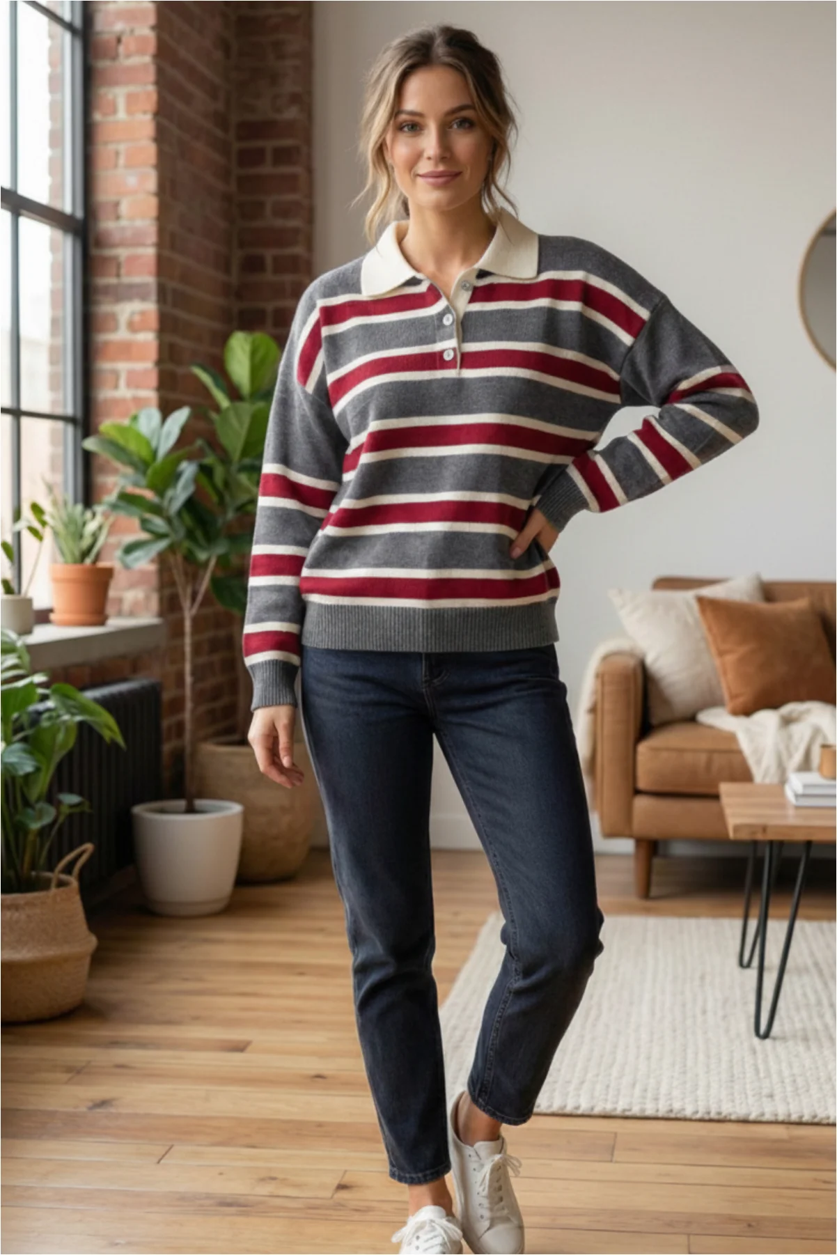 Kadın Şık Polo Yaka Çizgili Oversize Triko Kolej Stil Yumuşak Dokulu Kazak görsel 3