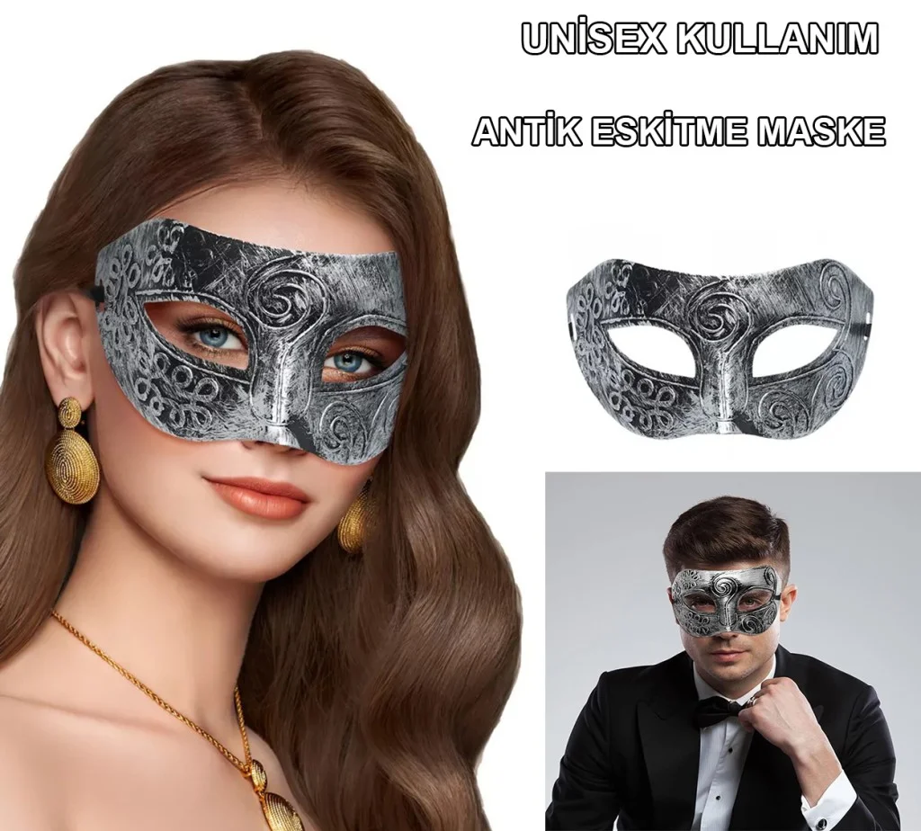 Gümüş Eskitme Yüz Maskesi - Antik Tarz Balo Maskesi görsel 2