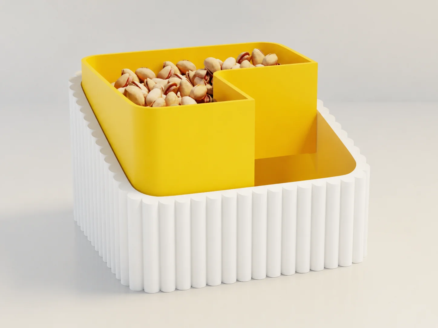 3D Baskı Fıstık Kasesi - Çift Hazneli Kabuk Ayırıcı Sunum Kasesi - Beyaz Sarı
