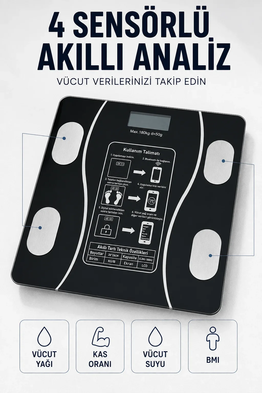 Bluetooth Akıllı Tartı 180 Kg Kapasiteli Vücut Yağ Kas Su B izli Cam Baskül