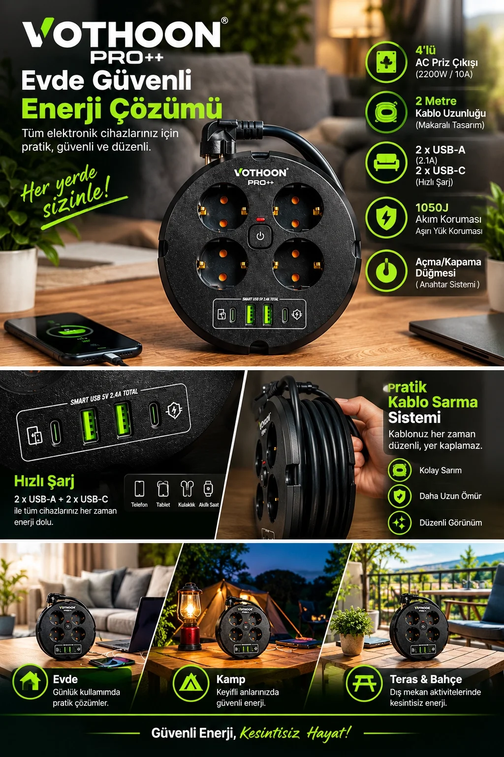 4’lü Priz Makarası 2 Metre Kablolu, 2 USB-A + 2 USB-C Şarj Çıkışlı, Açma/Kapama Düğmeli, 2200W 10A görsel 3
