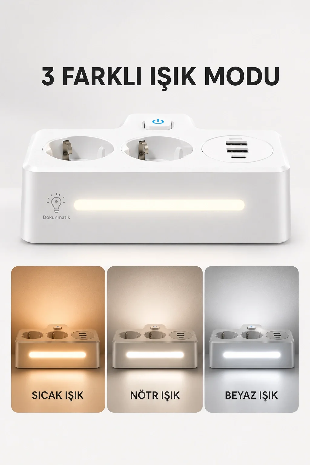 Bkl-502 Akım Korumalı 2Li Priz 2 USB ve 2 Type-C Çıkış 4000W Hızlı Şarj Duvar Tipi Dokunmatik Led Aydınlatmalı görsel 5