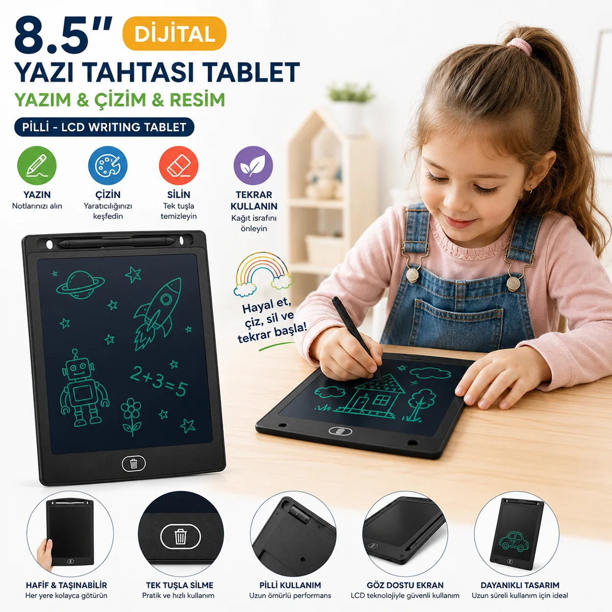 8.5 inç Dijital LCD Yazı Tahtası - Pilli Yazım ve Çizim Tableti görsel 2