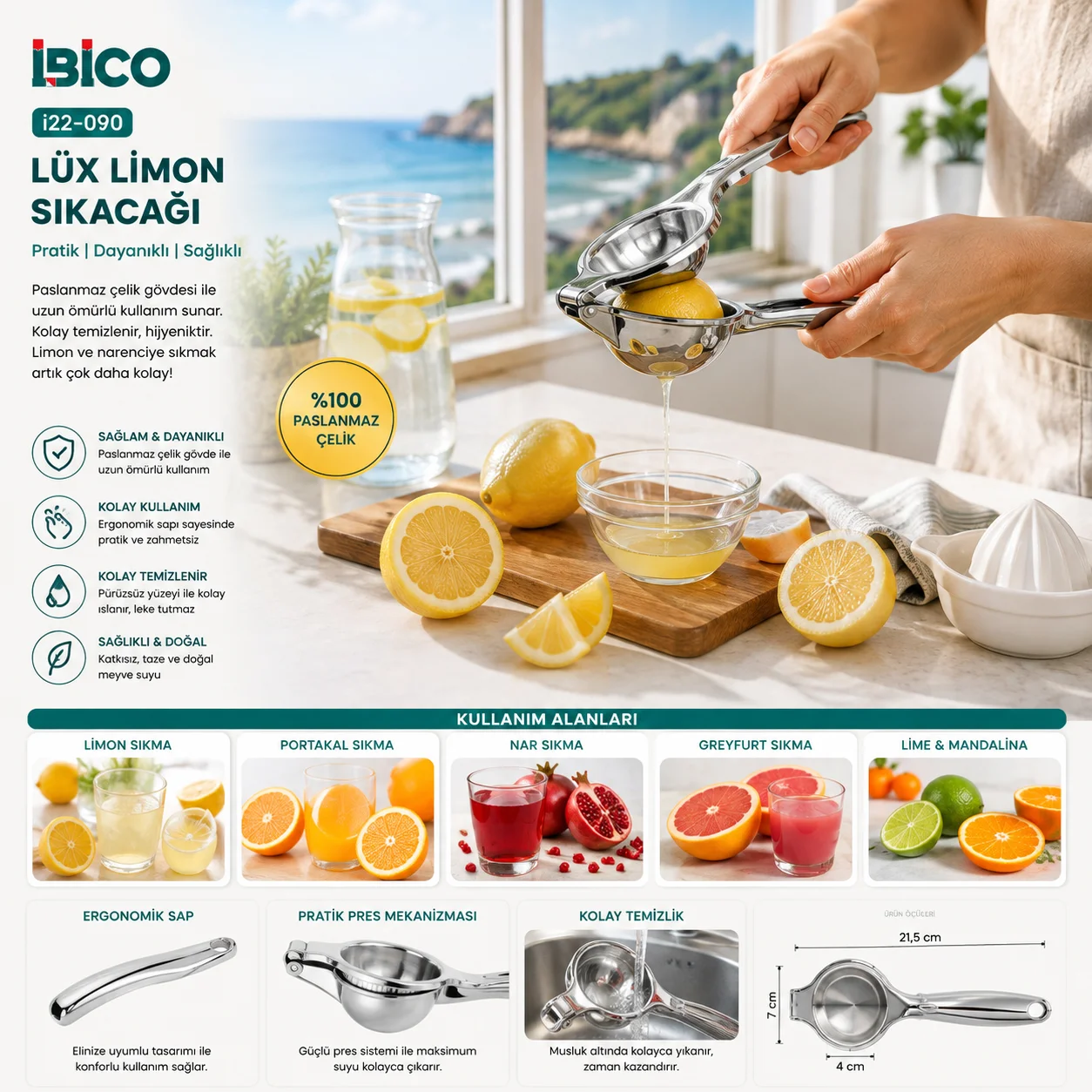 Kollu Çelik Limon Sıkacağı - 7 cm görsel 3