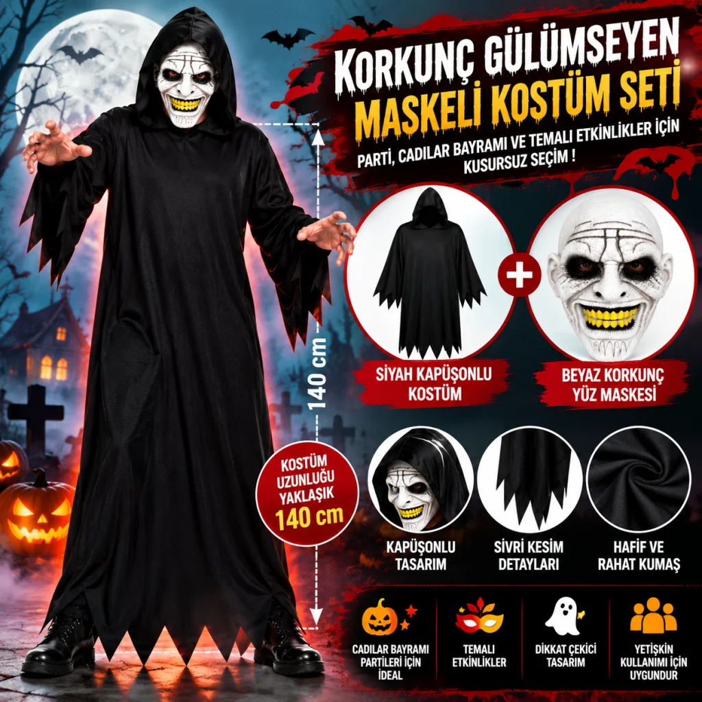 Korkunç Gülümseyen Maskeli Siyah Kapüşonlu Kostüm Seti 140 cm görsel 2