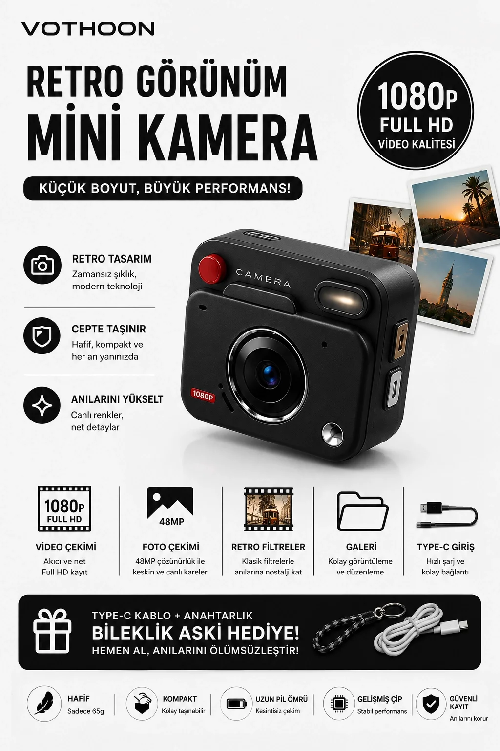 Nostaljik Tasarımı Retro Görünüm Kare ni Foto Video Kamera 1080P Full HD 32GB Kart Hediyeli görsel 4