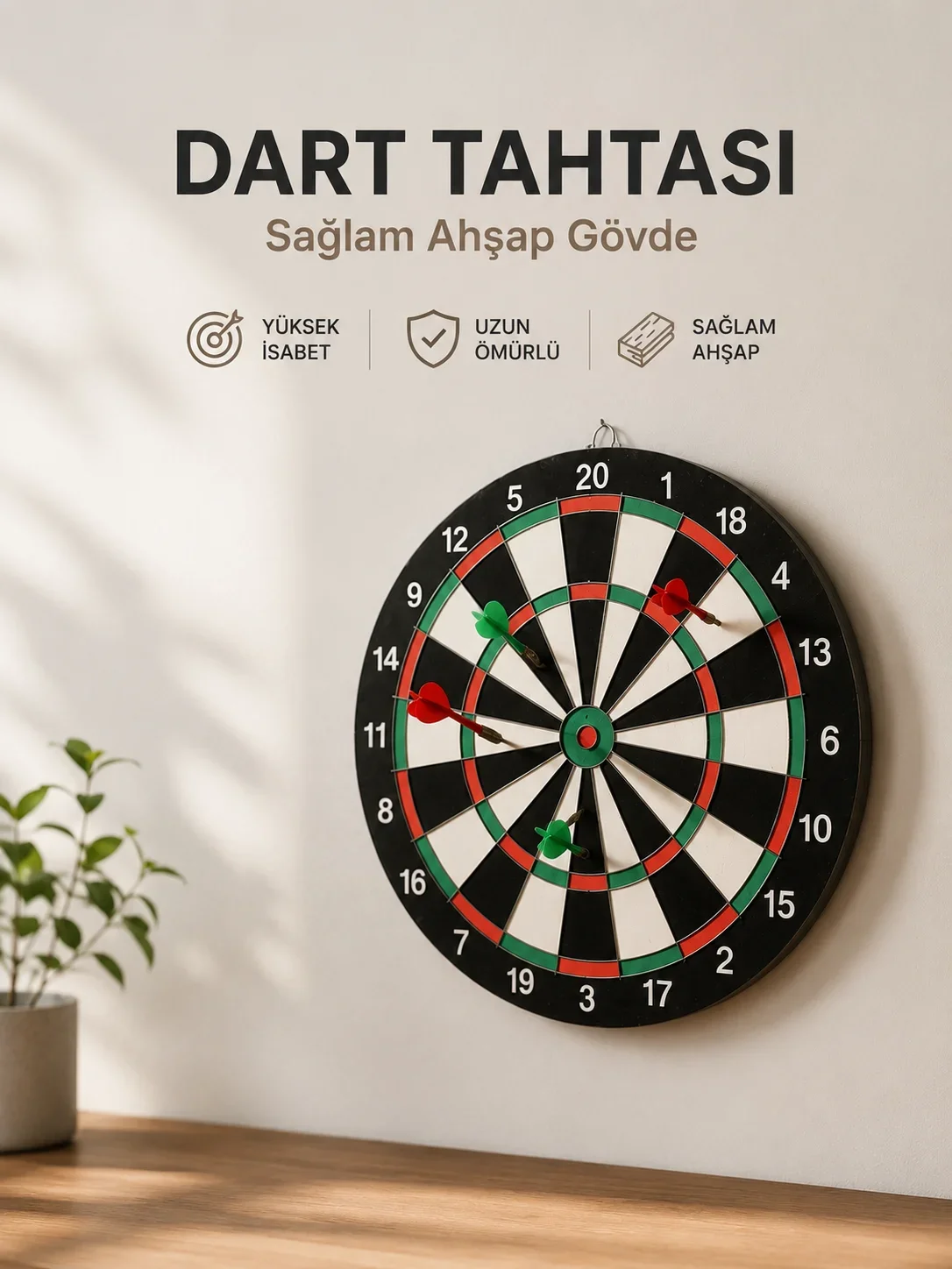 Evde, Ofiste ve Oyun Alanlarında Kullanıma Uygun Sağlam Ahşap Gövdeli Dart Tahtası