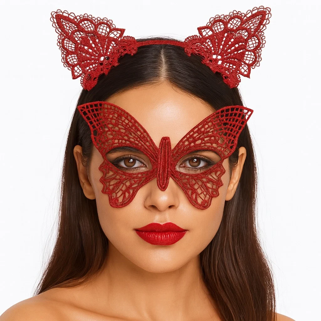 Gösterişli Kırmızı Dantel Maske ve Taç Seti 7 No – Masquerade ve Davetler için görsel 2