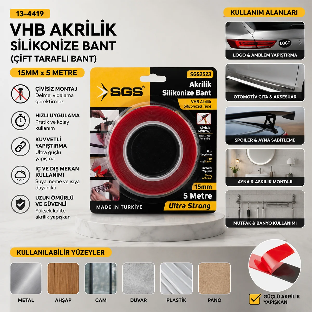 Akrilik Silikonize Çift Taraflı Bant 15 mm x 5 yd görsel 3