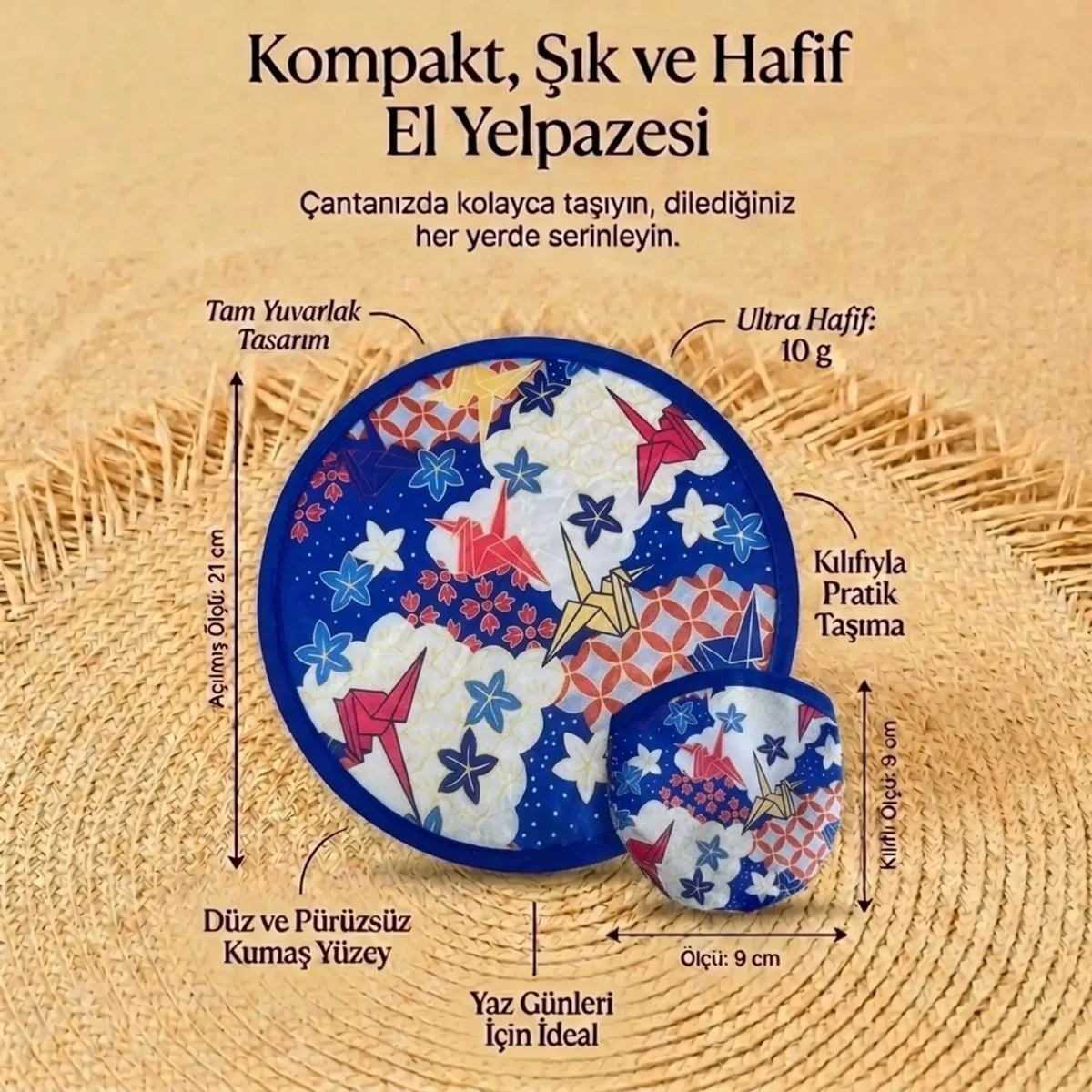 Origa Turna Kuşu Desenli Katlanabilir Cep Yelpazesi - Japon Stili Kılıflı El Yelpazesi görsel 5