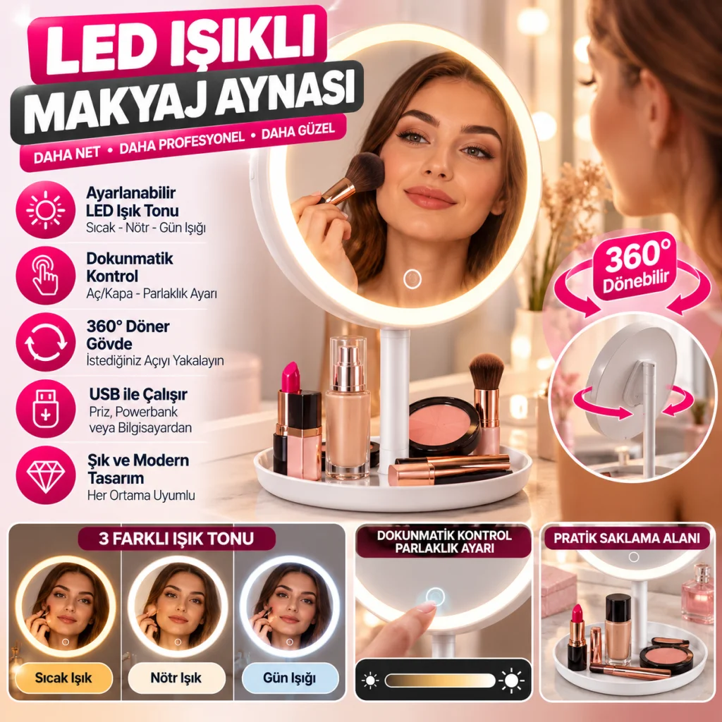 LED Işıklı Yuvarlak Makyaj Aynası – Dokunmatik Ayarlanabilir Işık Tonlu, 360° Döner Masaüstü Profesyonel Makyaj ve Cilt Bakım Aynası
